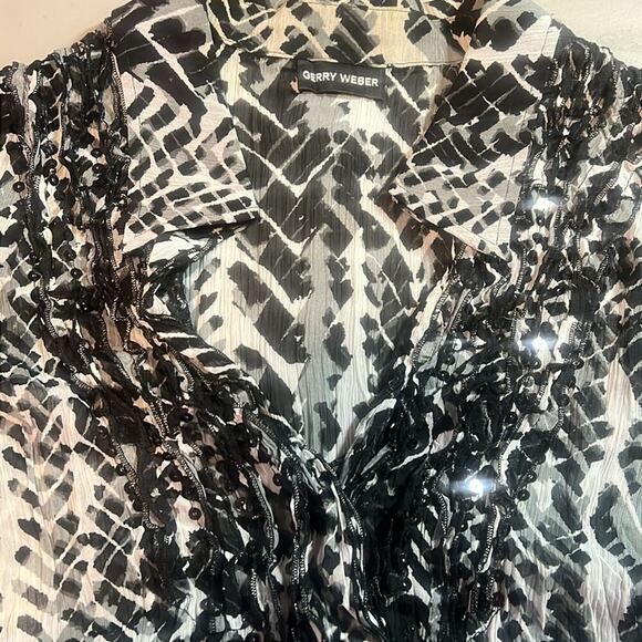 Gerry Weber Button Down Blouse Black White Sequin Ruffle Top Women's Size 10 :)! - Picture 5 of 8